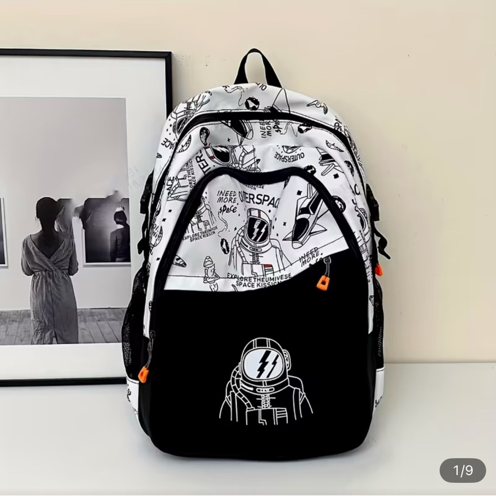 Space-Themed Black and White Backpack